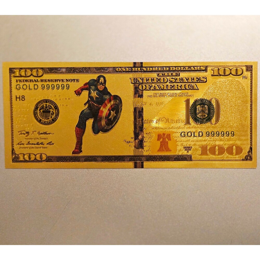 $100 Novelty Banknote Gold 999999 Captain America Design "Federal Reserve Note"